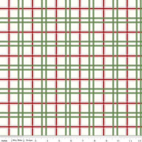 Image of the Mistletoe & Holly Plaid Cloud quilting cotton fabric by Riley Blake Designs. Features lines on a cream background. Cute Little Fabric Shop