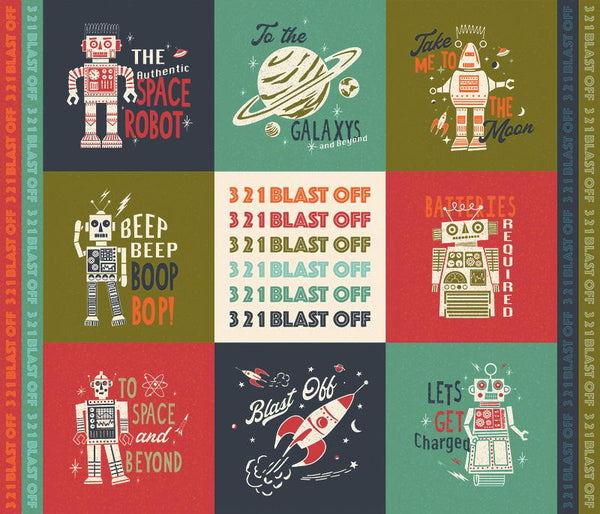 321 Blast Off Space Panel 20956 Multi - Moda Fabrics - Novelty Vintage Space Squares - Quilting Cotton Fabric
