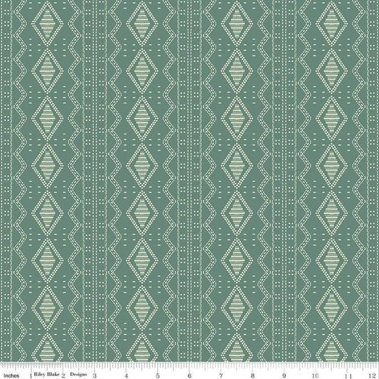Image of the Winged Medley Textile Teal quilting cotton fabric. Features tiles on a green background. Cute Little Fabric Shop