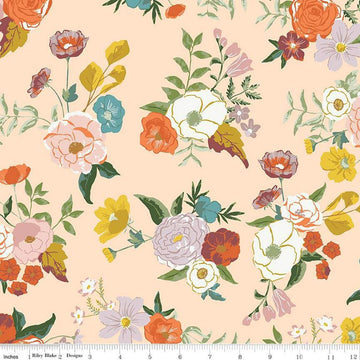 Image of the Winged Medley Main Blush quilting cotton fabric. Features flowers on a pink background. Cute Little Fabric Shop