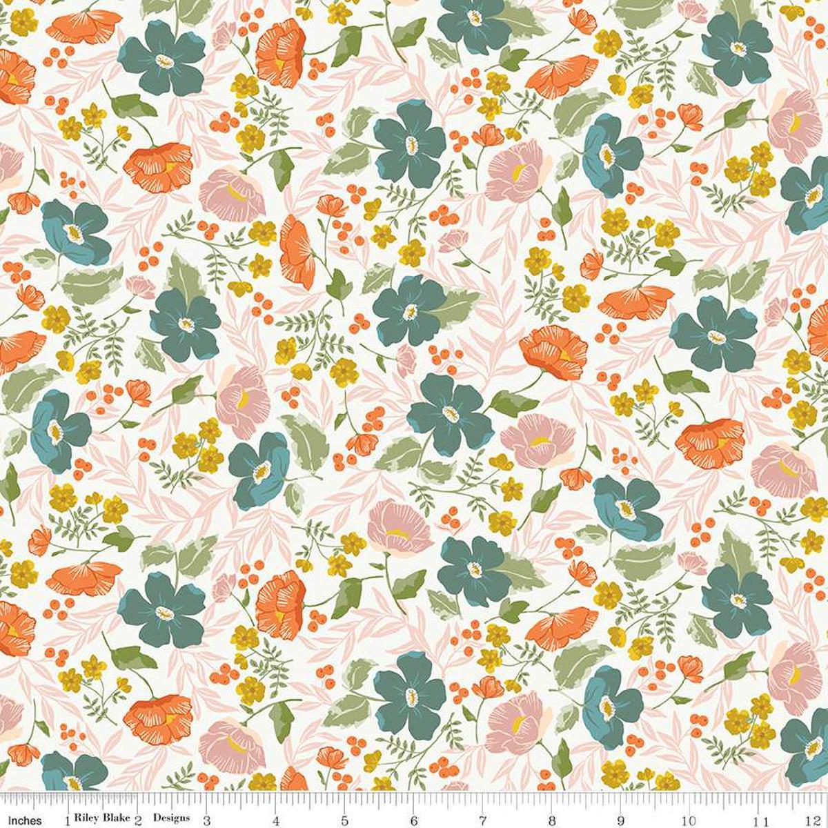 Image of the Winged Medley Blooms Cloud quilting cotton fabric. Features flowers on a cream background. Cute Little Fabric Shop