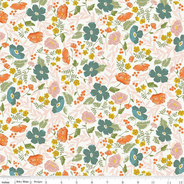 Image of the Winged Medley Blooms Cloud quilting cotton fabric. Features flowers on a cream background. Cute Little Fabric Shop