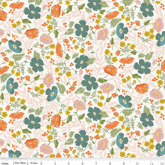 Image of the Winged Medley Blooms Cloud quilting cotton fabric. Features flowers on a cream background. Cute Little Fabric Shop