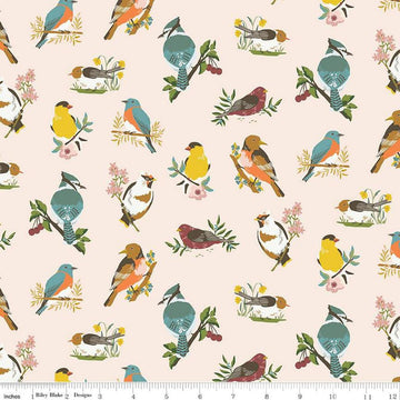 Image of the Winged Medley Birds Latte quilting cotton fabric. Features birds on a cream background. Cute Little Fabric Shop