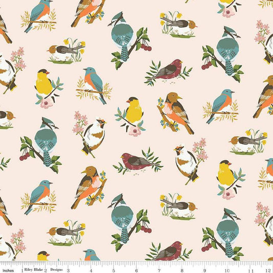 Image of the Winged Medley Birds Latte quilting cotton fabric. Features birds on a cream background. Cute Little Fabric Shop