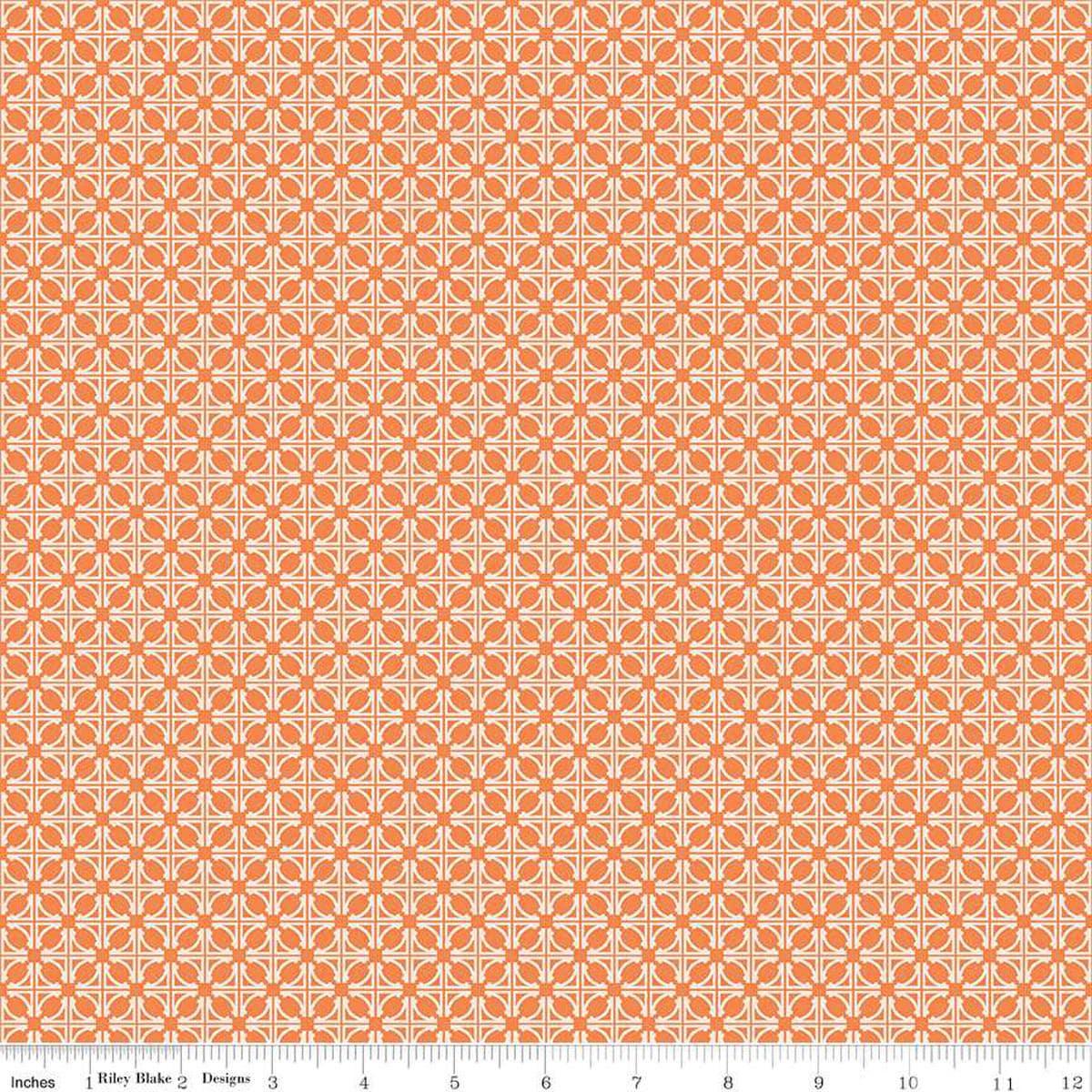 Image of the Winged Medley Tile Orange quilting cotton fabric. Features lines on an orange background. Cute Little Fabric Shop