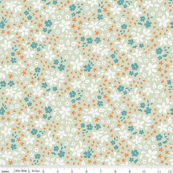 Image of the Winged Medley Petals Sage quilting cotton fabric. Features petals on a green background. Cute Little Fabric Shop