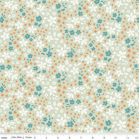 Image of the Winged Medley Petals Sage quilting cotton fabric. Features petals on a green background. Cute Little Fabric Shop