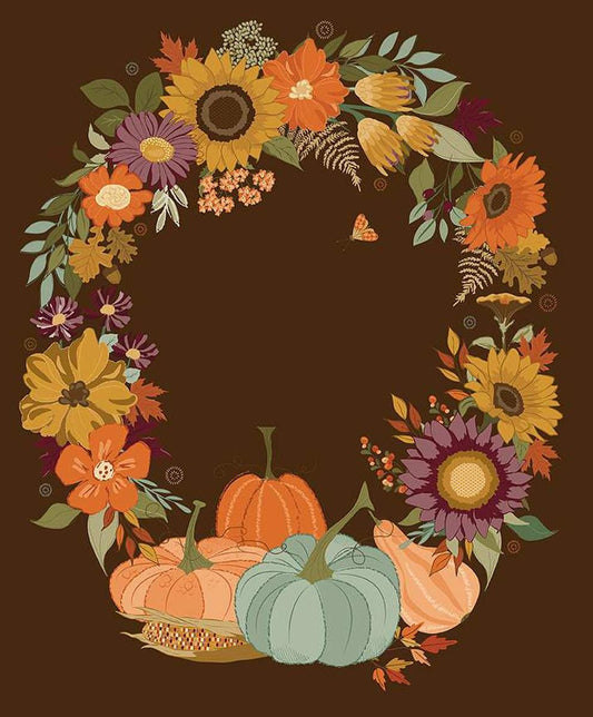 SALE The Awe of Autumn Autumn Wreath Panel PD16198 Brown - Riley Blake Designs - DIGITALLY PRINTED - Gourd Floral  - Quilting Cotton Fabric