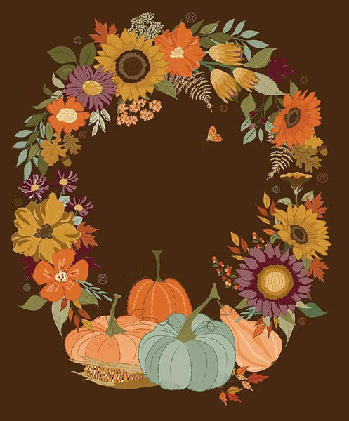 SALE The Awe of Autumn Autumn Wreath Panel PD16198 Brown by Riley Blake Designs - DIGITALLY PRINTED - Gourd Floral  - Quilting Cotton Fabric