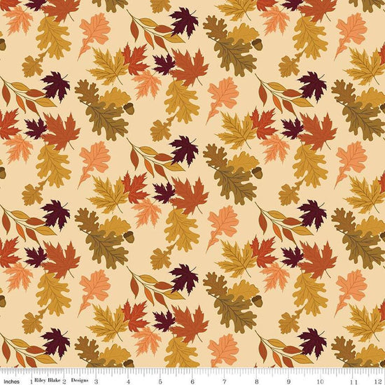 Image of the Awe of Autumn Leaves Latte quilting cotton fabric by Riley Blake Designs. Features leaves on a beige background. Cute Little Fabric Shop