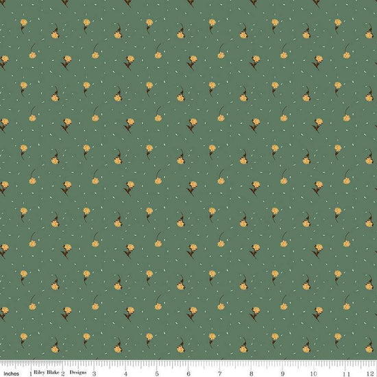 Image of the Awe of Autumn Flower Toss Pine quilting cotton fabric by Riley Blake Designs. Features flowers on a green background. Cute Little Fabric Shop
