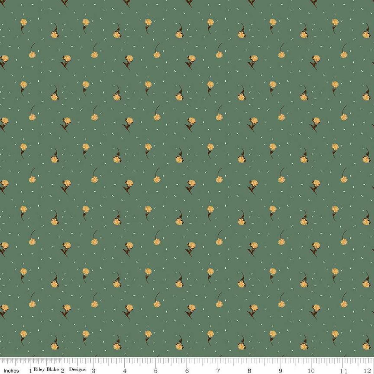 Image of the Awe of Autumn Flower Toss Pine quilting cotton fabric by Riley Blake Designs. Features flowers on a green background. Cute Little Fabric Shop
