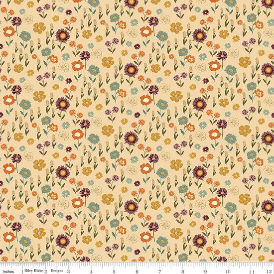 Image of the Awe of Autumn Floral Latte quilting cotton fabric by Riley Blake Designs. Features flowers on a beige background. Cute Little Fabric Shop