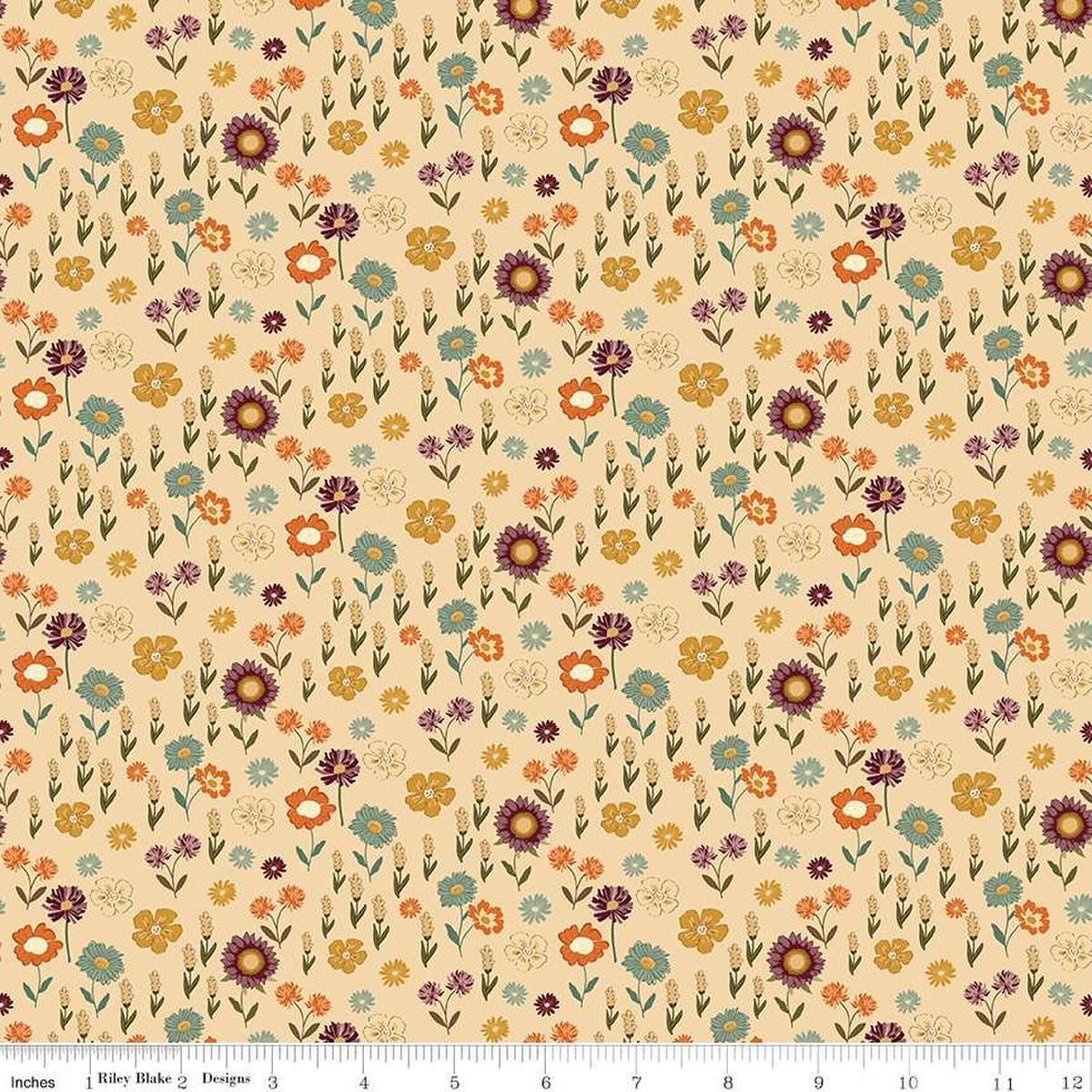 Image of the Awe of Autumn Floral Latte quilting cotton fabric by Riley Blake Designs. Features flowers on a beige background. Cute Little Fabric Shop