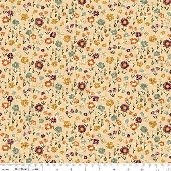 Image of the Awe of Autumn Floral Latte quilting cotton fabric by Riley Blake Designs. Features flowers on a beige background. Cute Little Fabric Shop