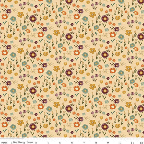 Image of the Awe of Autumn Floral Latte quilting cotton fabric by Riley Blake Designs. Features flowers on a beige background. Cute Little Fabric Shop