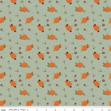 Image of the Awe of Autumn Pumpkins Hazy quilting cotton fabric by Riley Blake Designs. Features pumpkins on a green background. Cute Little Fabric Shop
