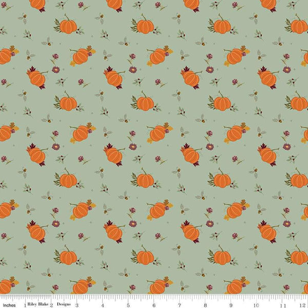 Image of the Awe of Autumn Pumpkins Hazy quilting cotton fabric by Riley Blake Designs. Features pumpkins on a green background. Cute Little Fabric Shop