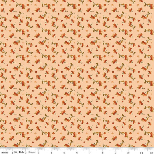 Image of the Awe of Autumn Bittersweet Blush quilting cotton fabric by Riley Blake Designs. Features berries on an orange background. Cute Little Fabric Shop