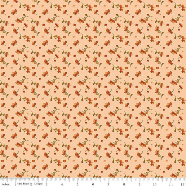 Image of the Awe of Autumn Bittersweet Blush quilting cotton fabric by Riley Blake Designs. Features berries on an orange background. Cute Little Fabric Shop