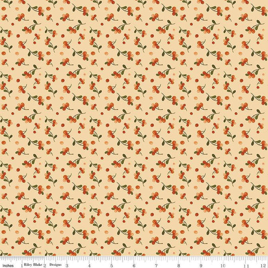 Image of the Awe of Autumn Bittersweet Latte quilting cotton fabric by Riley Blake Designs. Features berries on a beige background. Cute Little Fabric Shop