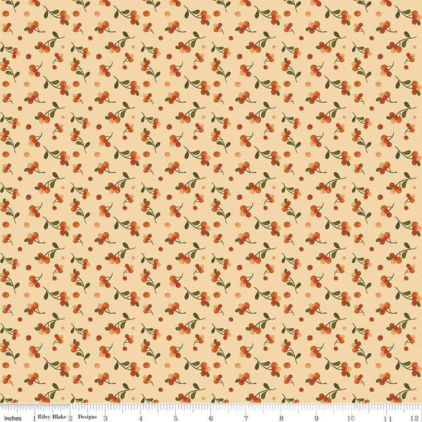 Image of the Awe of Autumn Bittersweet Latte quilting cotton fabric by Riley Blake Designs. Features berries on a beige background. Cute Little Fabric Shop