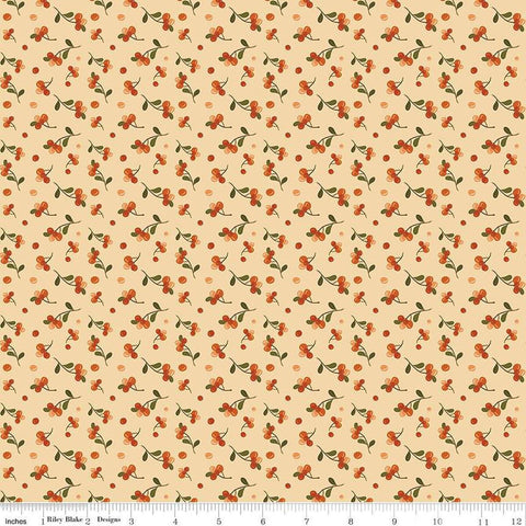 Image of the Awe of Autumn Bittersweet Latte quilting cotton fabric by Riley Blake Designs. Features berries on a beige background. Cute Little Fabric Shop