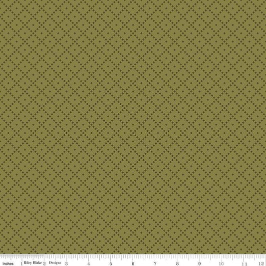 Image of the Awe of Autumn Grid Green quilting cotton fabric by Riley Blake Designs. Features lines on a green background. Cute Little Fabric Shop