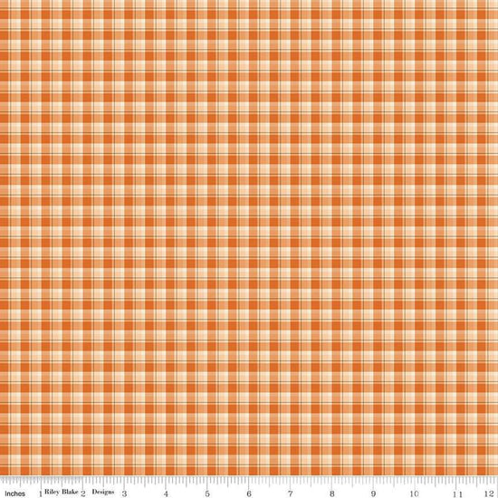 Image of the Awe of Autumn Plaid Orange quilting cotton fabric by Riley Blake Designs. Features lines on an orange background. Cute Little Fabric Shop
