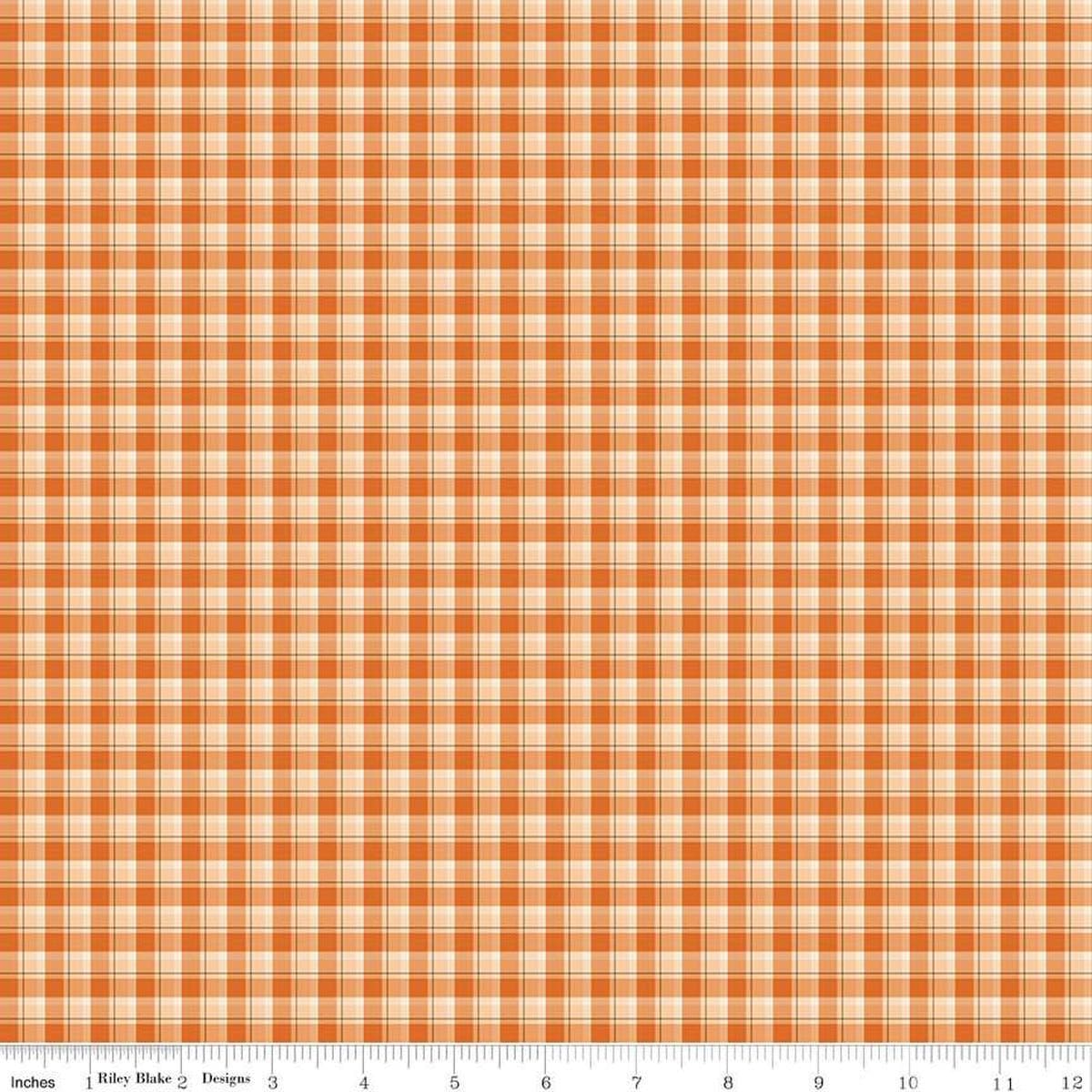 Image of the Awe of Autumn Plaid Orange quilting cotton fabric by Riley Blake Designs. Features lines on an orange background. Cute Little Fabric Shop