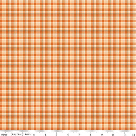 Image of the Awe of Autumn Plaid Orange quilting cotton fabric by Riley Blake Designs. Features lines on an orange background. Cute Little Fabric Shop