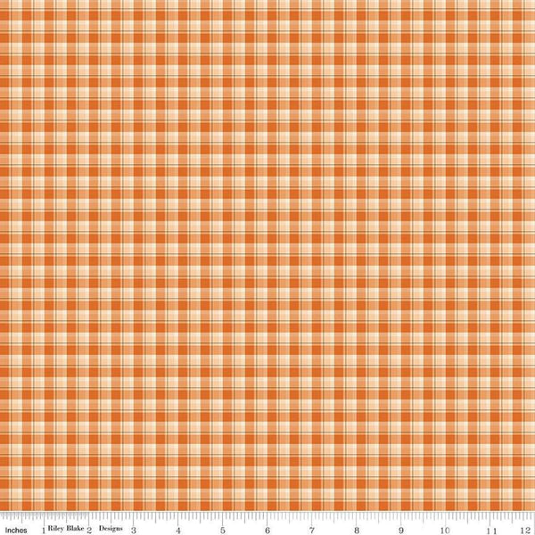Image of the Awe of Autumn Plaid Orange quilting cotton fabric by Riley Blake Designs. Features lines on an orange background. Cute Little Fabric Shop