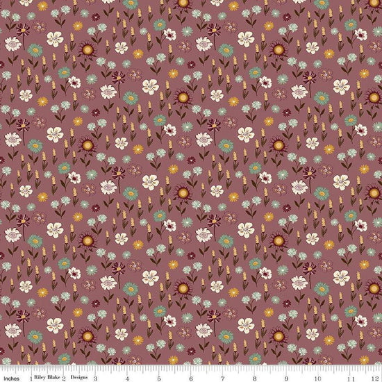 Image of the Awe of Autumn Floral Purple quilting cotton fabric by Riley Blake Designs. Features flowers on a purple background. Cute Little Fabric Shop
