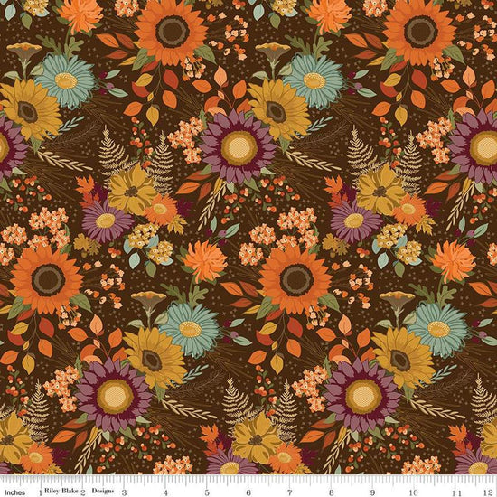 Image of the Awe of Autumn Main Brown quilting cotton fabric by Riley Blake Designs. Features flowers on a brown background. Cute Little Fabric Shop