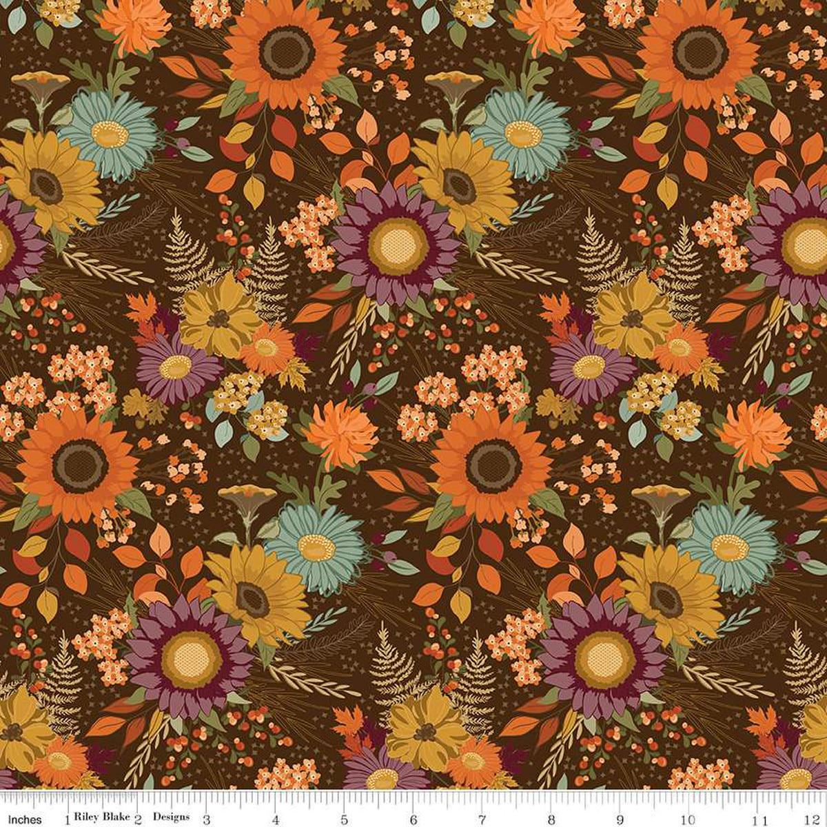 Image of the Awe of Autumn Main Brown quilting cotton fabric by Riley Blake Designs. Features flowers on a brown background. Cute Little Fabric Shop