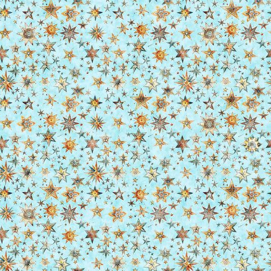 Image of the Bohemian Sunrise Stars Aqua quilting cotton fabric by QT fabrics. Features stars on a blue background. Cute Little Fabric Shop