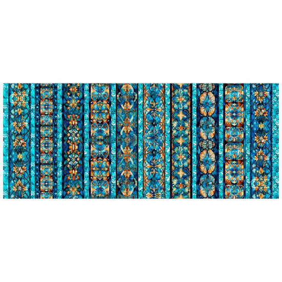 Image of the Bohemian Sunrise Celestial Decorative Stripe Turquoise quilting cotton fabric by QT fabrics. Features stripes on a blue background. Cute Little Fabric Shop