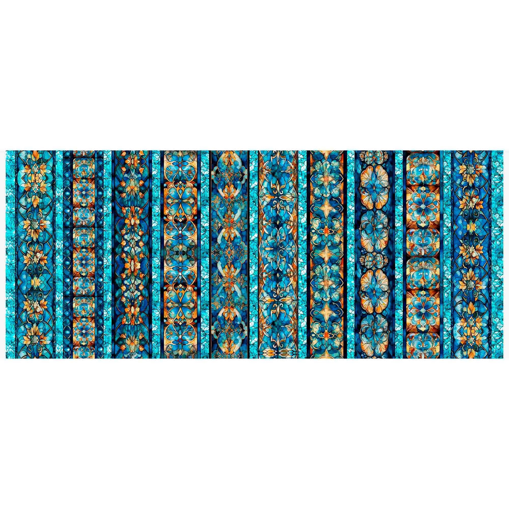Image of the Bohemian Sunrise Celestial Decorative Stripe Turquoise quilting cotton fabric by QT fabrics. Features stripes on a blue background. Cute Little Fabric Shop