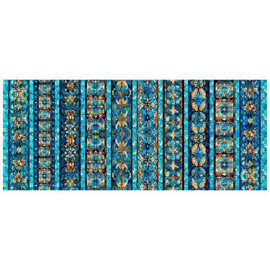 Image of the Bohemian Sunrise Celestial Decorative Stripe Turquoise quilting cotton fabric by QT fabrics. Features stripes on a blue background. Cute Little Fabric Shop