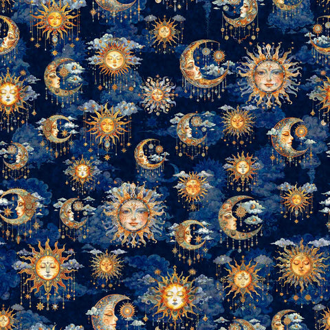 Image of the Bohemian Sunrise Celestial Sky Midnight quilting cotton fabric by QT fabrics. Features celestial icons on a blue background. Cute Little Fabric Shop