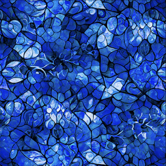 Image of the Bohemian Sunrise Celestial Blender Royal quilting cotton fabric by QT fabrics. Features geometric glass on a blue background. Cute Little Fabric Shop