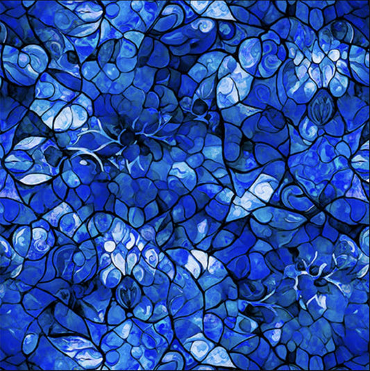 Image of the Bohemian Sunrise Celestial Blender Royal quilting cotton fabric by QT fabrics. Features geometric glass on a blue background. Cute Little Fabric Shop