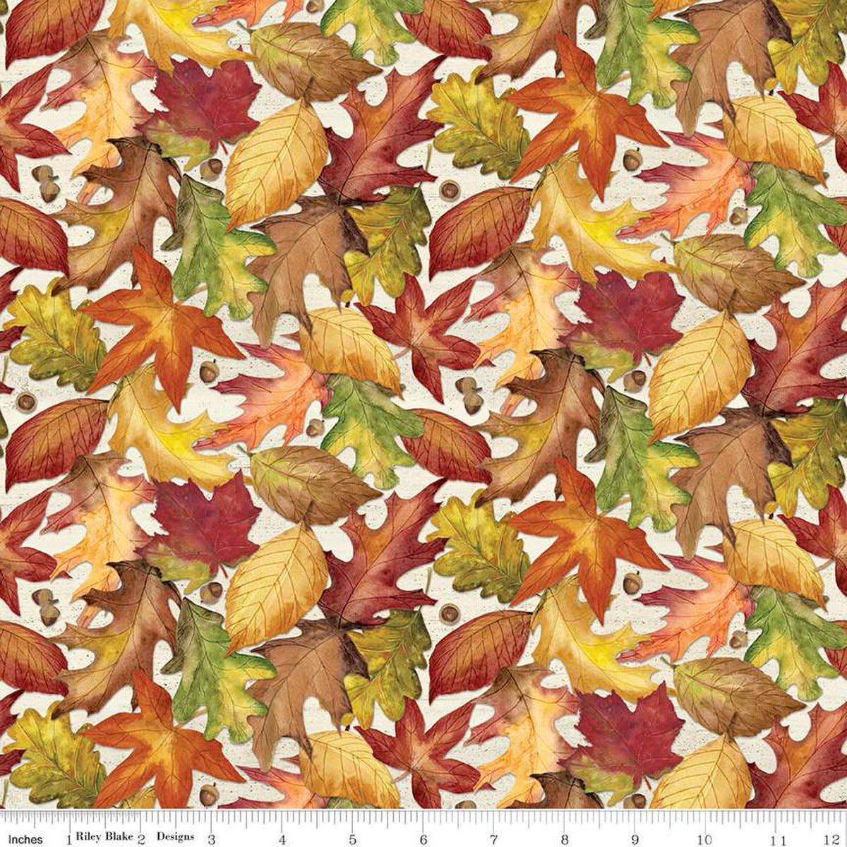 Image of the Covered Bridges in Fall Leaves Multi quilting cotton fabric by Riley Blake Designs. Features leaves on an orange background. Cute Little Fabric Shop