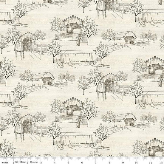 Image of the Covered Bridges in Fall Toile Cream quilting cotton fabric by Riley Blake Designs. Features bridges on a cream background. Cute Little Fabric Shop