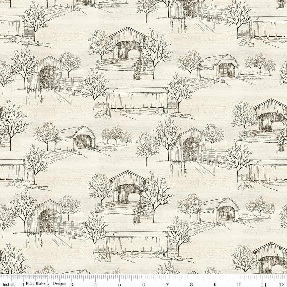 Image of the Covered Bridges in Fall Toile Cream quilting cotton fabric by Riley Blake Designs. Features bridges on a cream background. Cute Little Fabric Shop