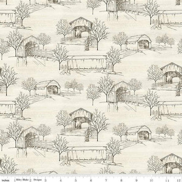 Image of the Covered Bridges in Fall Toile Cream quilting cotton fabric by Riley Blake Designs. Features bridges on a cream background. Cute Little Fabric Shop