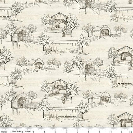 Image of the Covered Bridges in Fall Toile Cream quilting cotton fabric by Riley Blake Designs. Features bridges on a cream background. Cute Little Fabric Shop