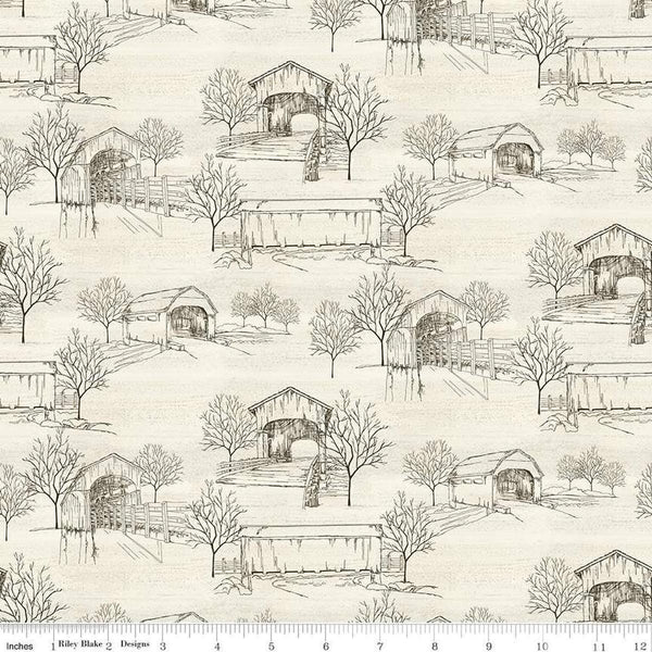 Image of the Covered Bridges in Fall Toile Cream quilting cotton fabric by Riley Blake Designs. Features bridges on a cream background. Cute Little Fabric Shop