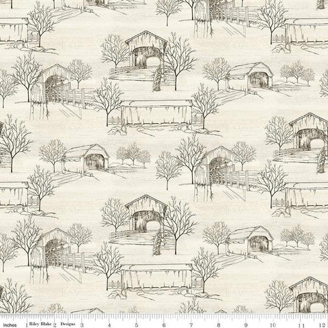 Image of the Covered Bridges in Fall Toile Cream quilting cotton fabric by Riley Blake Designs. Features bridges on a cream background. Cute Little Fabric Shop